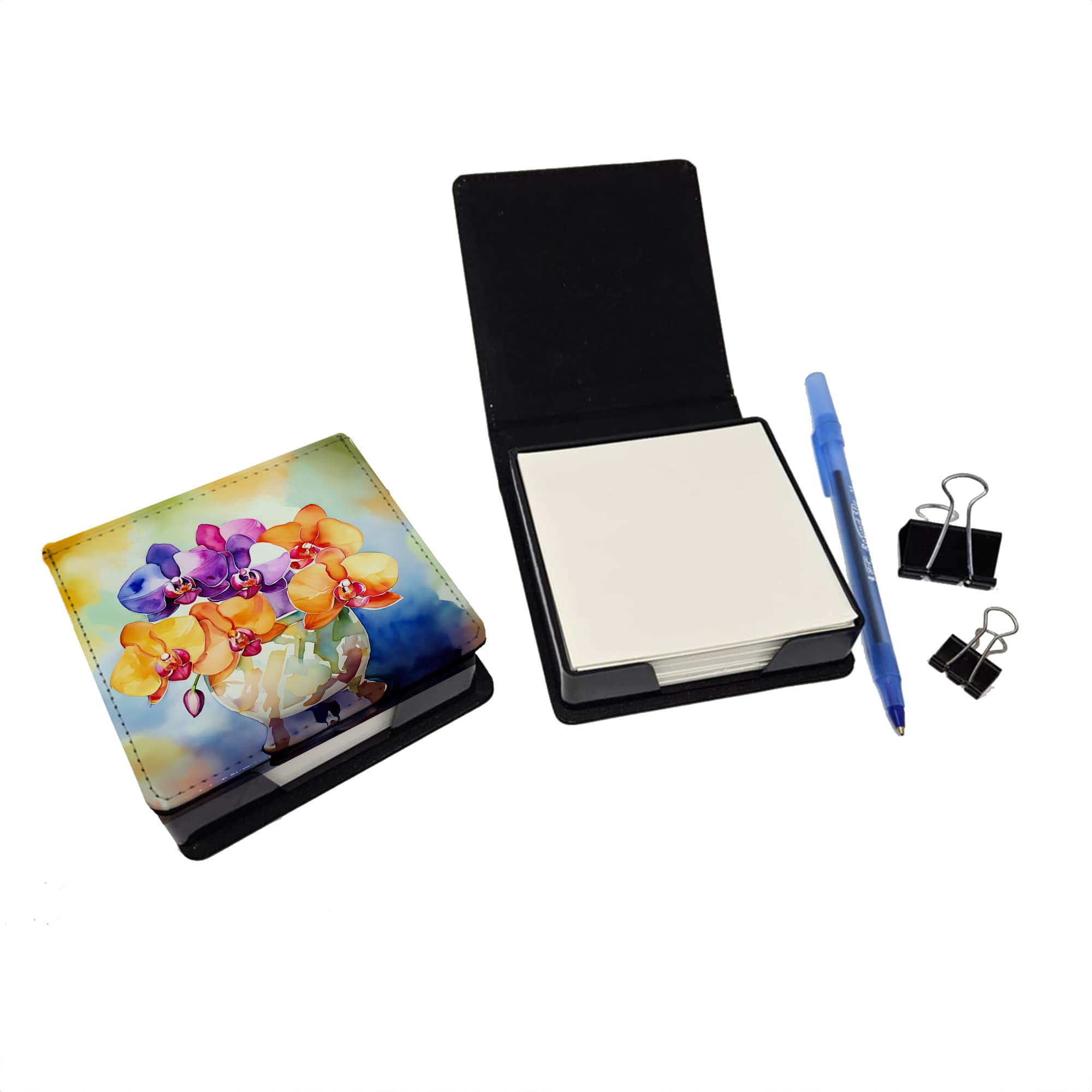 Caroline's Treasures Orchids in Watercolor PU Leather Note Paper Holder with Artist-Designed Cover, Desk Accessory, Office Gift