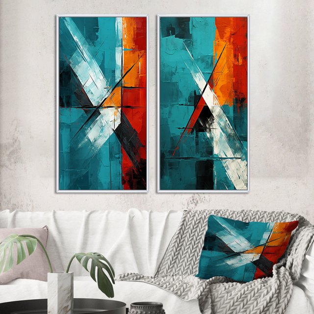 Designart "Ineffable Love Teal Abstract III" Abstract Painting Framed Wall Art Set Of 2 - Modern Red Frame Gallery Set For Office Decor