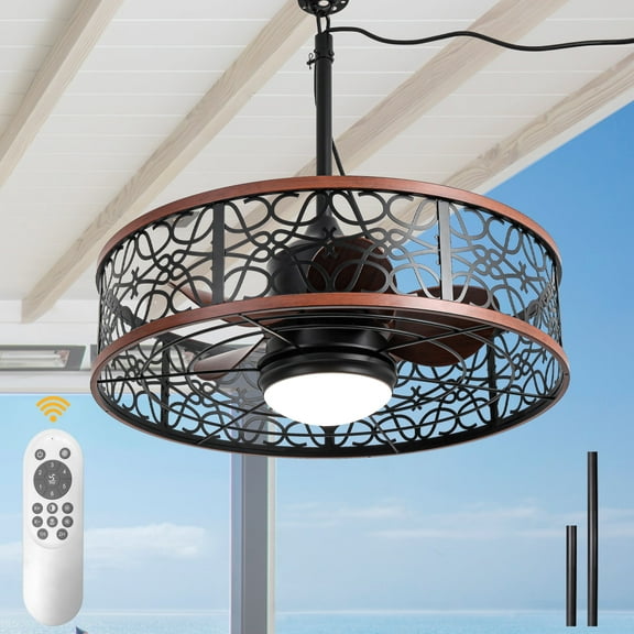 Cusp Barn 24“ Hollow Metal Caged Outdoor Ceiling Fan with Remote and Lights, LED Ceiling Fan for Patio and Garden