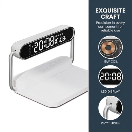 15W Foldable Charging Station โ 4-in-1 alarm clock with wireless speaker, RGB ambient lighting, LED display, touch controls, brightness adjustment. Compatible with iPhone 16/15/14/13/12.