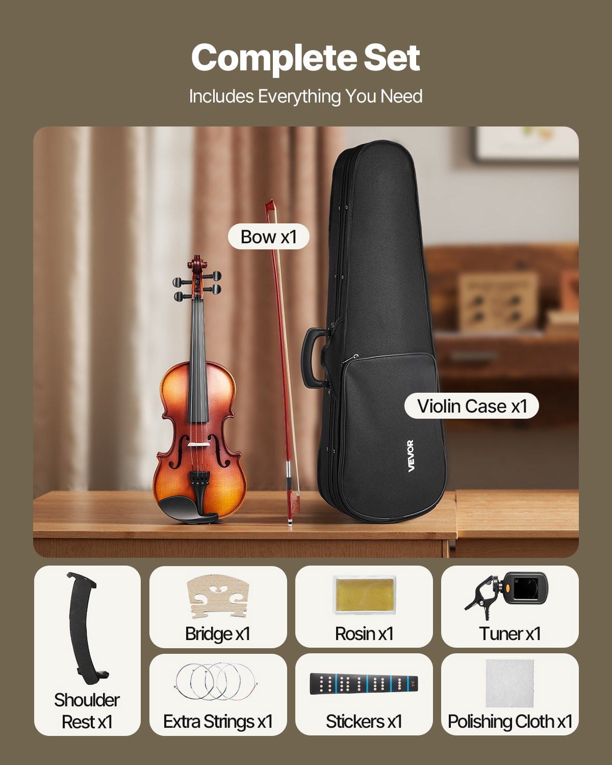 CAFORKP 1/4 Size Complete Solid Wood Violin Starter Set -  Includes Case & Rosin, Elegant Brown Finish, Best Choice for New Players