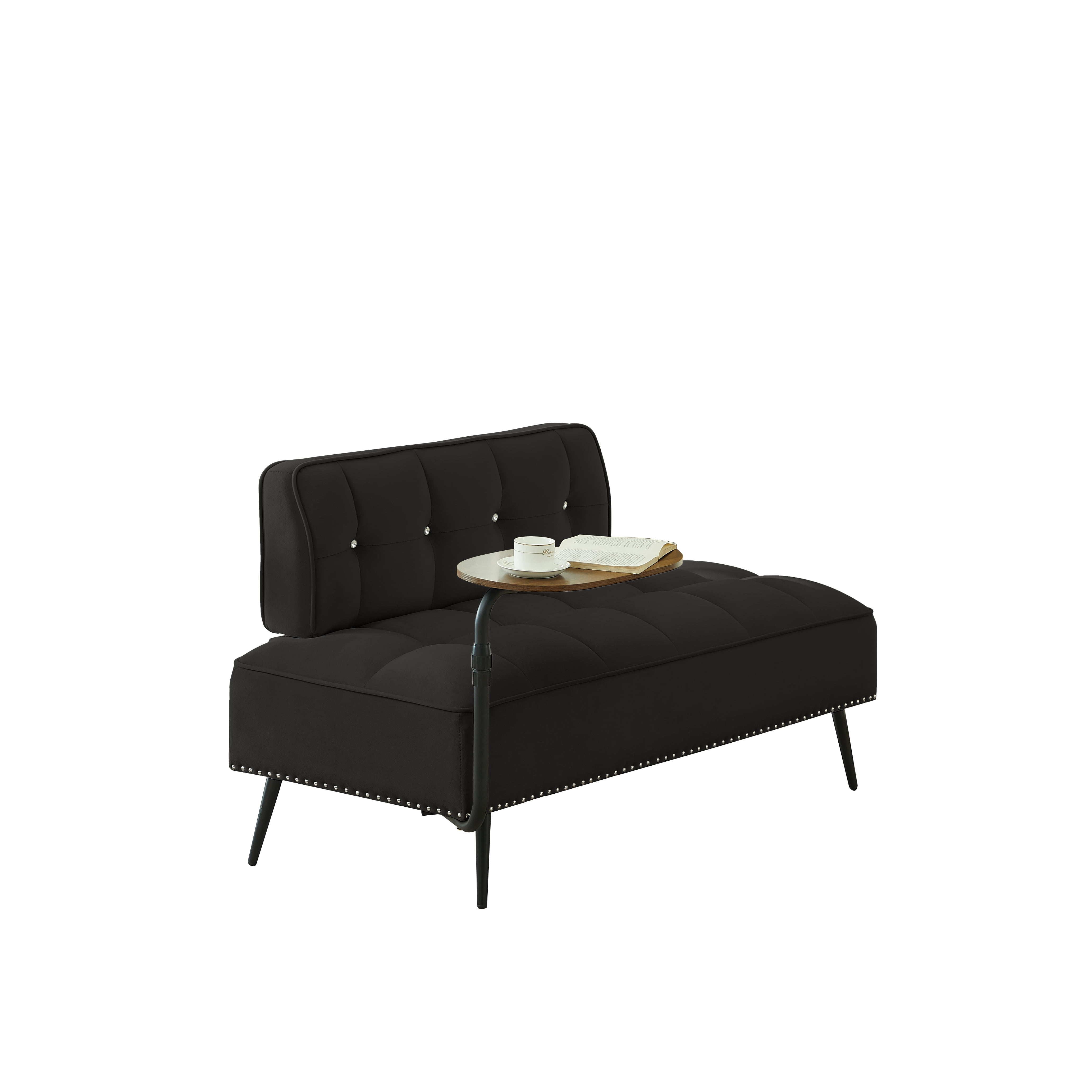 Modern Two-Seater Velvet Sofa with 360° Rotating Side Table, Entryway Ottoman Bench with Backrest for Living Room, Bedroom, Apartment, Space Saver, Black