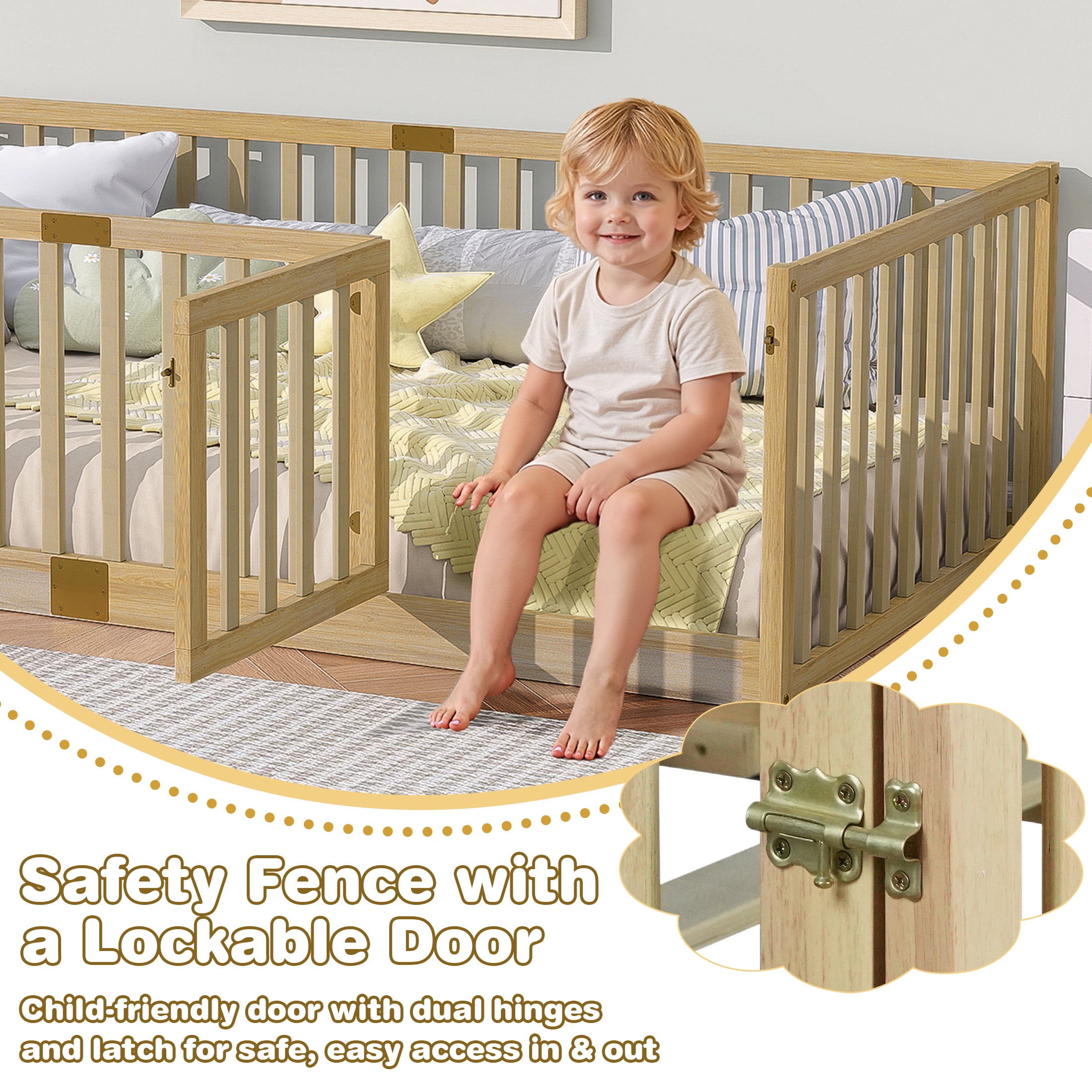 Sesslife Twin Size Floor Bed with High Fence & Door, Wood Twin Bed Frame with Salts and 21.5” Safety Guardrails, Twin Floor Bed for Boys Girls, No Box Spring Needed, Natural