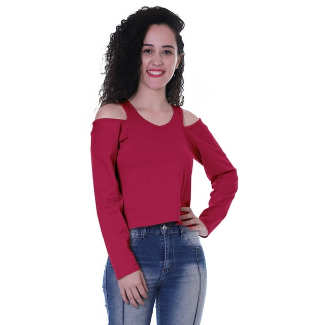Moomaya Womens Cold Shoulder Short Top Solid Full Sleeves Summer Tee Tops