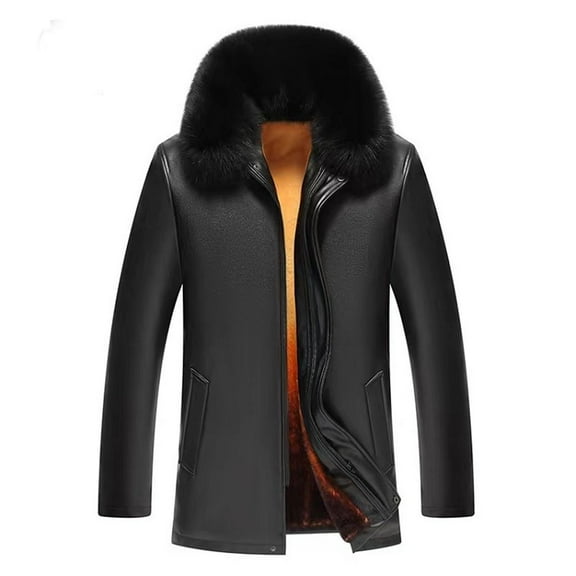 Maoxin Men Leather Jacket Men Vintage Jacket Fleecing Leather Hooded Long Sleeve Winter Coat Fashion Casual Jacket for men Black M
