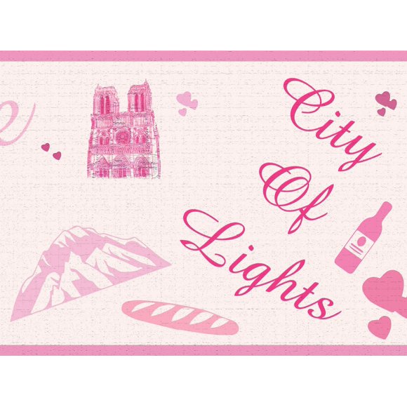 Dundee Deco's Peel and Stick Wallpaper Border - Kids Pink Paris Wall Border Retro Design, 15 ft x 7 in (4.57m x 17.78cm), Self Adhesive