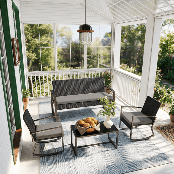 Asofer 4-Piece Outdoor Furniture,Patio Conversation Sets with Coffee Table,Loveseat and Rocking chair,Gray