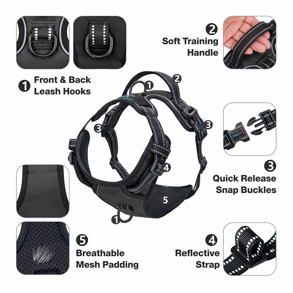 PHOEPET No Pull Dog Harness Medium Reflective Front Clip Vest with Handle, Adjustable 2 Metal Rings 2 Buckles,Black