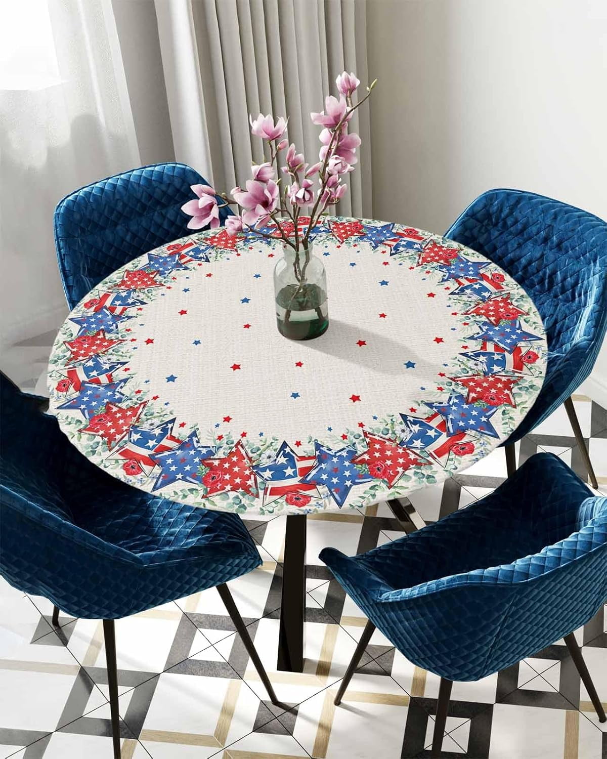 4th of July Round Tablecloth Fitted Table Cover, Elastic Tablecloths Waterproof Outdoor Indoor Stretch Cloth Tablecover for Dinner, Party, Shower, Retro Eucalyptus Star Patriotic Memorial Day 36-44IN