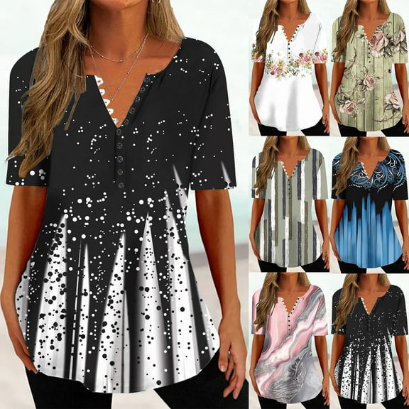 Black and Friday Azrian Tops Saving!,Women's Fashion V-neck Print Casual Loose Short Sleeve Top Short Sleeve V-neck Top/Shirt Clearance Sale