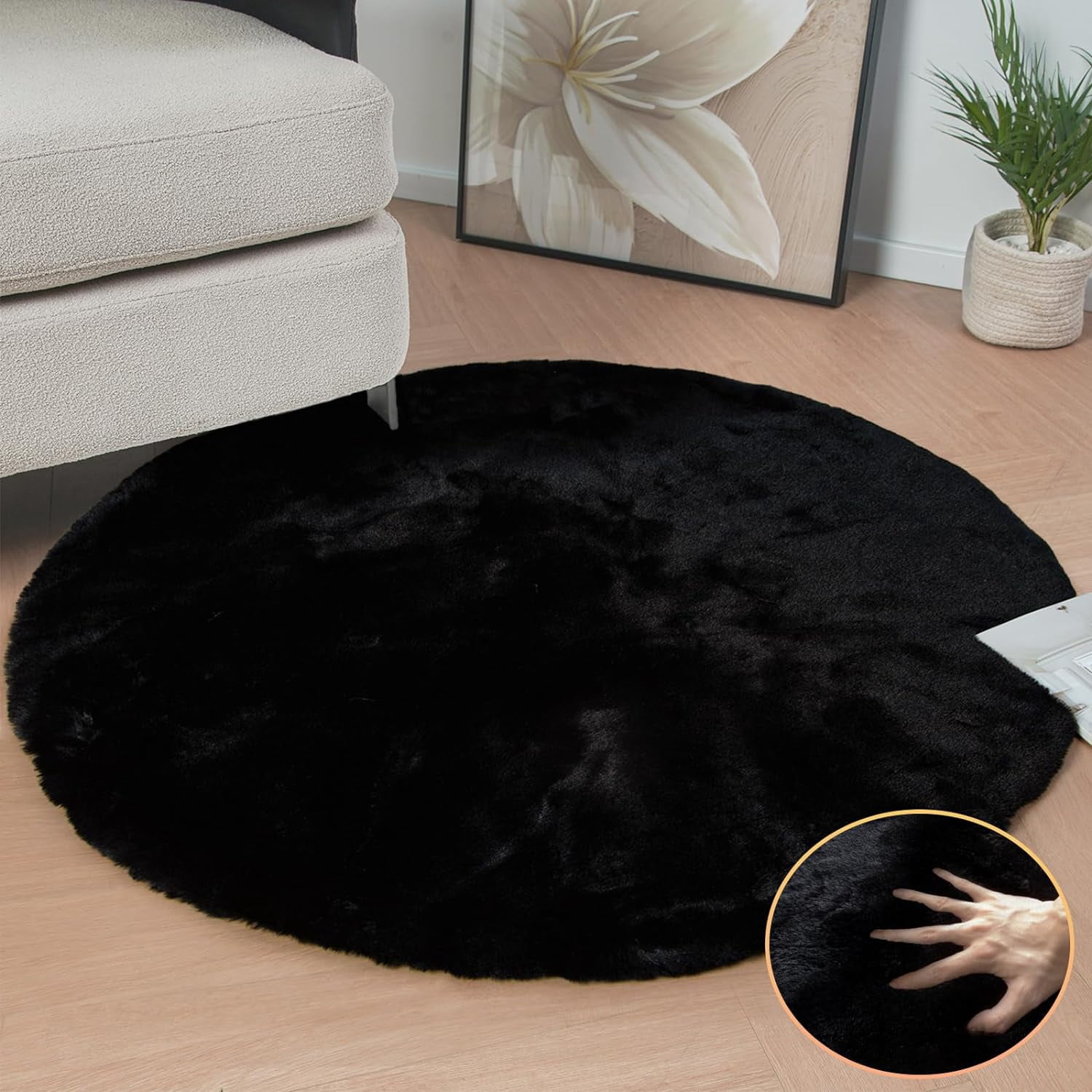 ORINOVA Black Round Fluffy Rugs For Bedroom Faux Rabbit Fuzzy Washable Fur Area Rugs For Living Room Small Circle Nursery Rug 4ft Cute Room D?cor