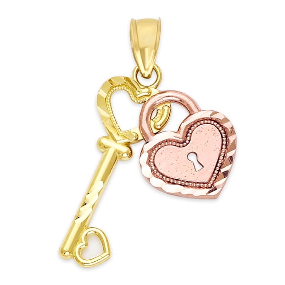 14k Two Tone Gold Heart Lock and Key Pendant, Romantic Jewelry for Her, Anniversary Gifts for Her