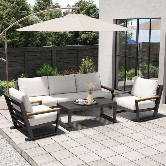 Aluminum Outdoor Sofa,5 Seats Modern Patio Furniture Set,Sectional Sofa Conversation Set with Coffee Table, Upgraded Washable Cushions for Garden Backyard,Grey