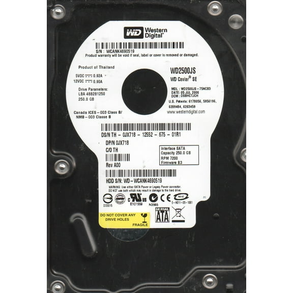 WD2500JS-75NCB3, DCM DSBHCTJCH, Western Digital 250GB SATA 3.5 Hard Drive