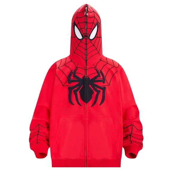 Adults Superhero Zip Up Hoodie with Full Face Mask, Casual Spider Web Print Graphic Sweatshirt Pocket Apparel