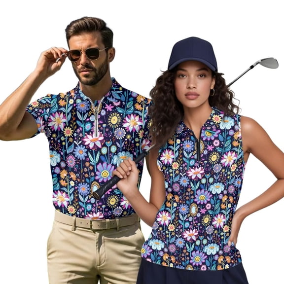 HUIACONG Floral Men Golf Shirt for Women Sleeveless Golf Tops Matching Shirts for Couples 1/4 Zip Up Lightweight Breathable Moisture Wicking Casual Outdoor Wear Man M