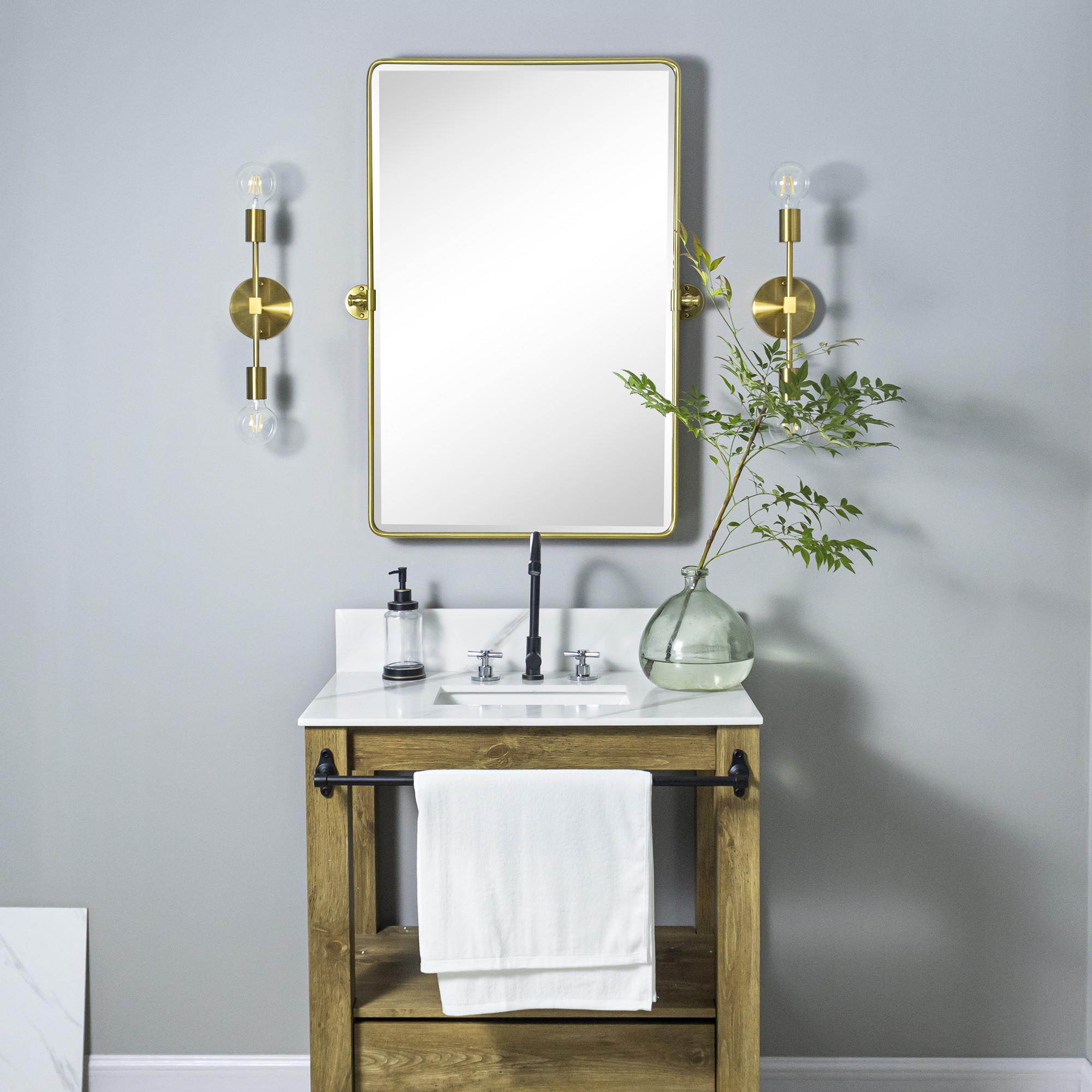 TEHOME Farmhouse Pivot Rectangle Bathroom Mirror Gold Metal Framed