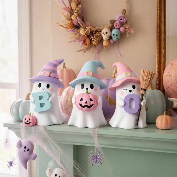 3-pack Halloween Ghost Figurines, Pastel Resin Boo Ghost Pumpkin Decor with Witch Hat for Tiered Tray, Mantel, Shelf, Desk and Tabletop Decoration