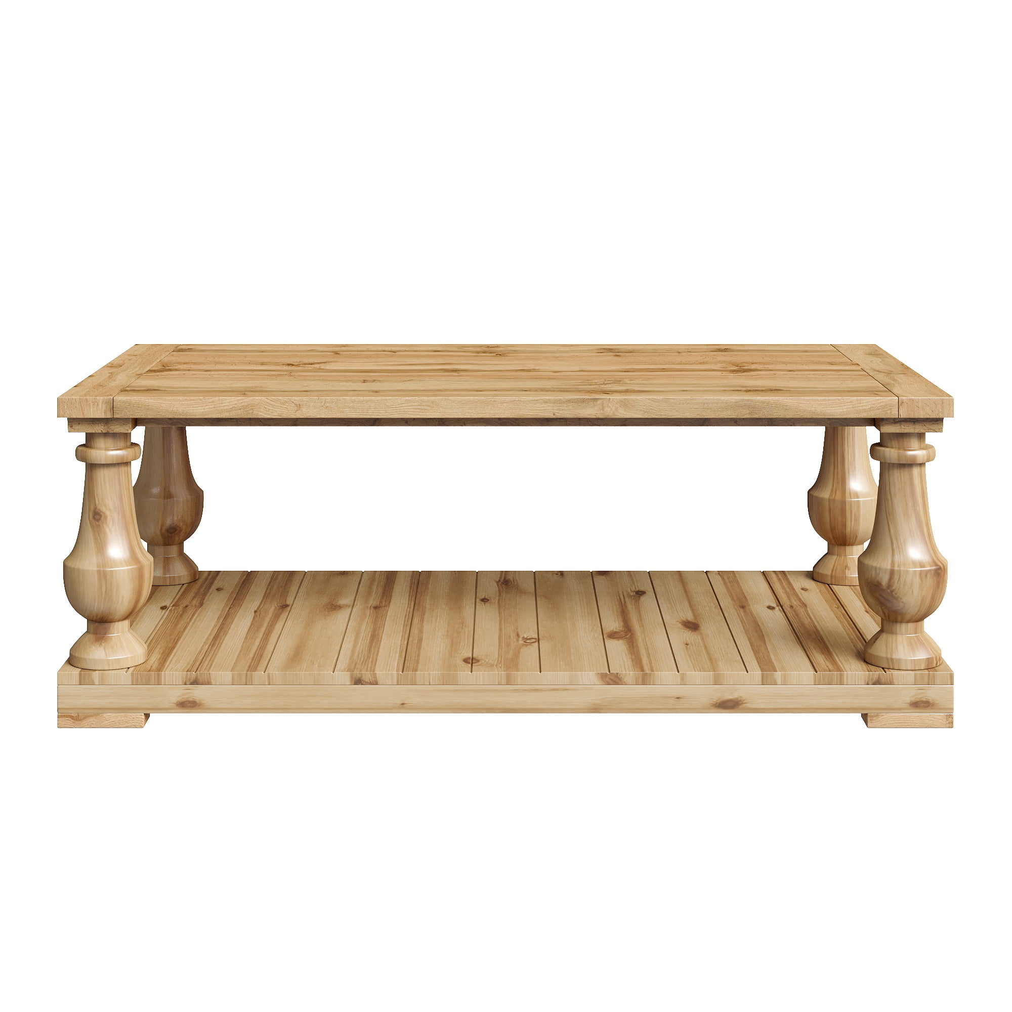 GARITIN Farmhouse Coffee Table with Storage Shelf, Solid Wood Turned Legs, 2-Tier Rustic Wood Center Table for Living Room, Natural