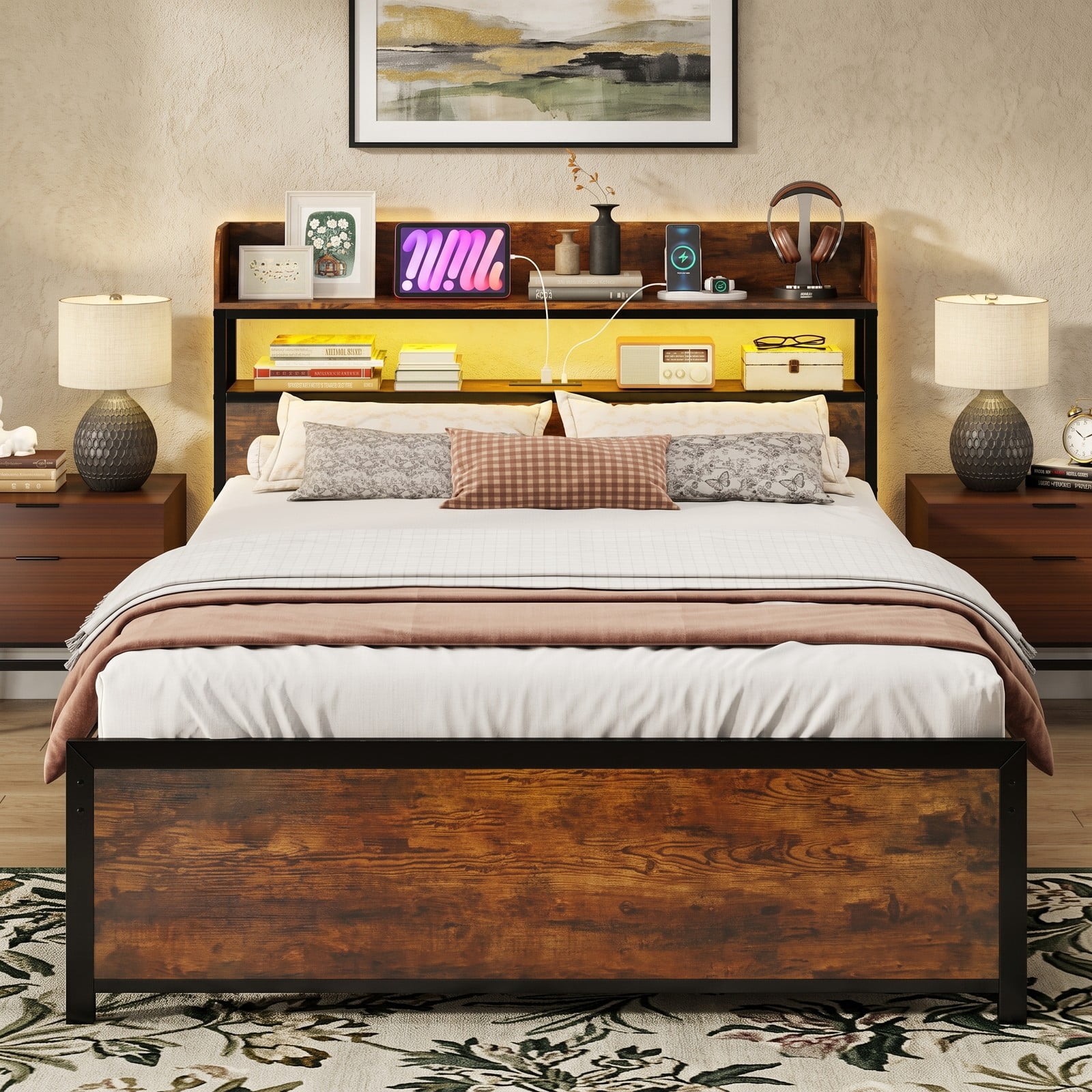 Furnibear Full Size Bed Frame with Storage Headboard, LED Platform Bed Frame with Power Outlets and USB Ports, Rustic Brown