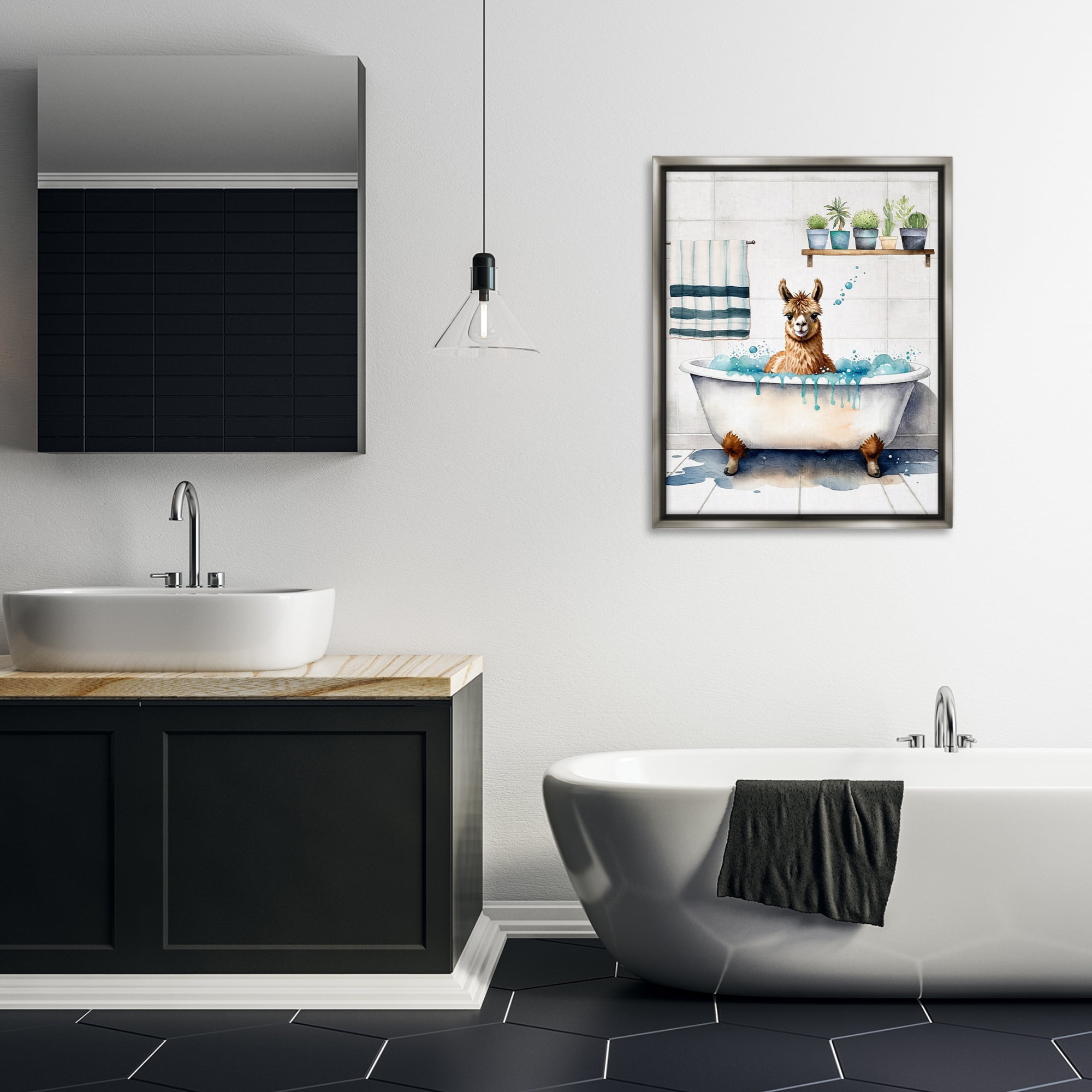 Stupell Industries Alpaca Bathtime Suds Bath & Laundry Painting Gray Floater Framed Canvas Art Print Wall Art, 25 x 31