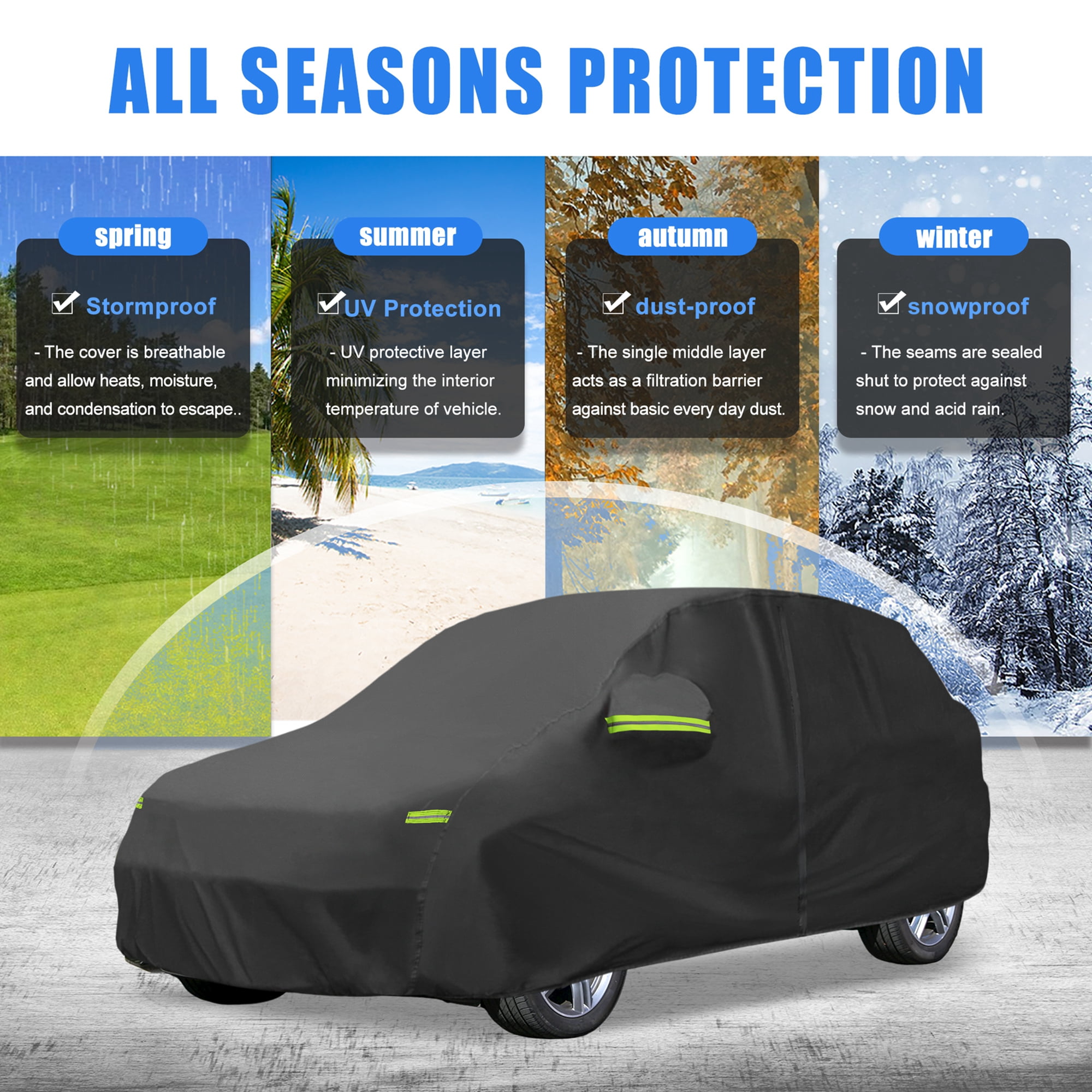 Unique Bargains Outdoor Full Car Cover All Weather Protection with Zipper Black Black 179.92"x72.05"x63.78"