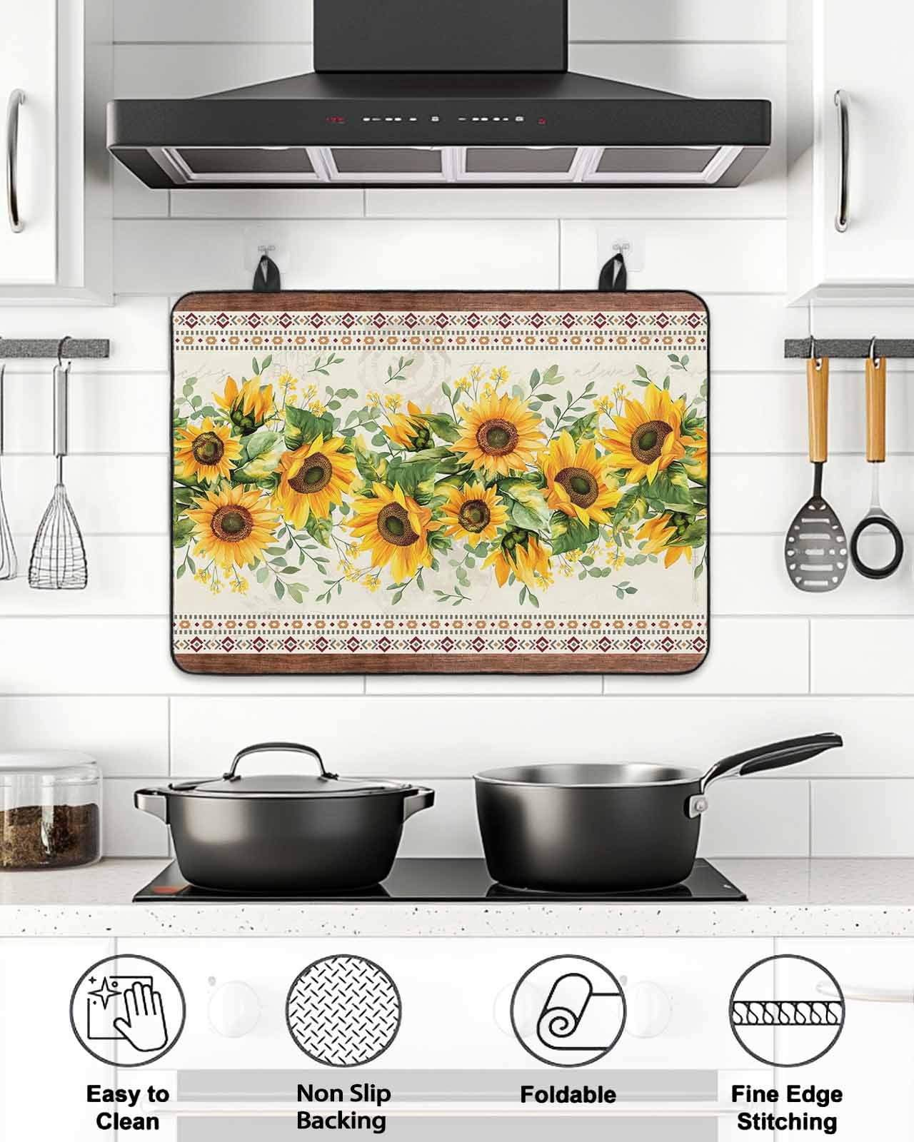 Stove Top Covers for Electric Stove, Sunflower Brown Glass Stovetop Cover Protector, Retro Southwest Country Plant Leaf Floral Induction Cooktop Protector Oven Mat for Kitchen Countertop 24"x21"