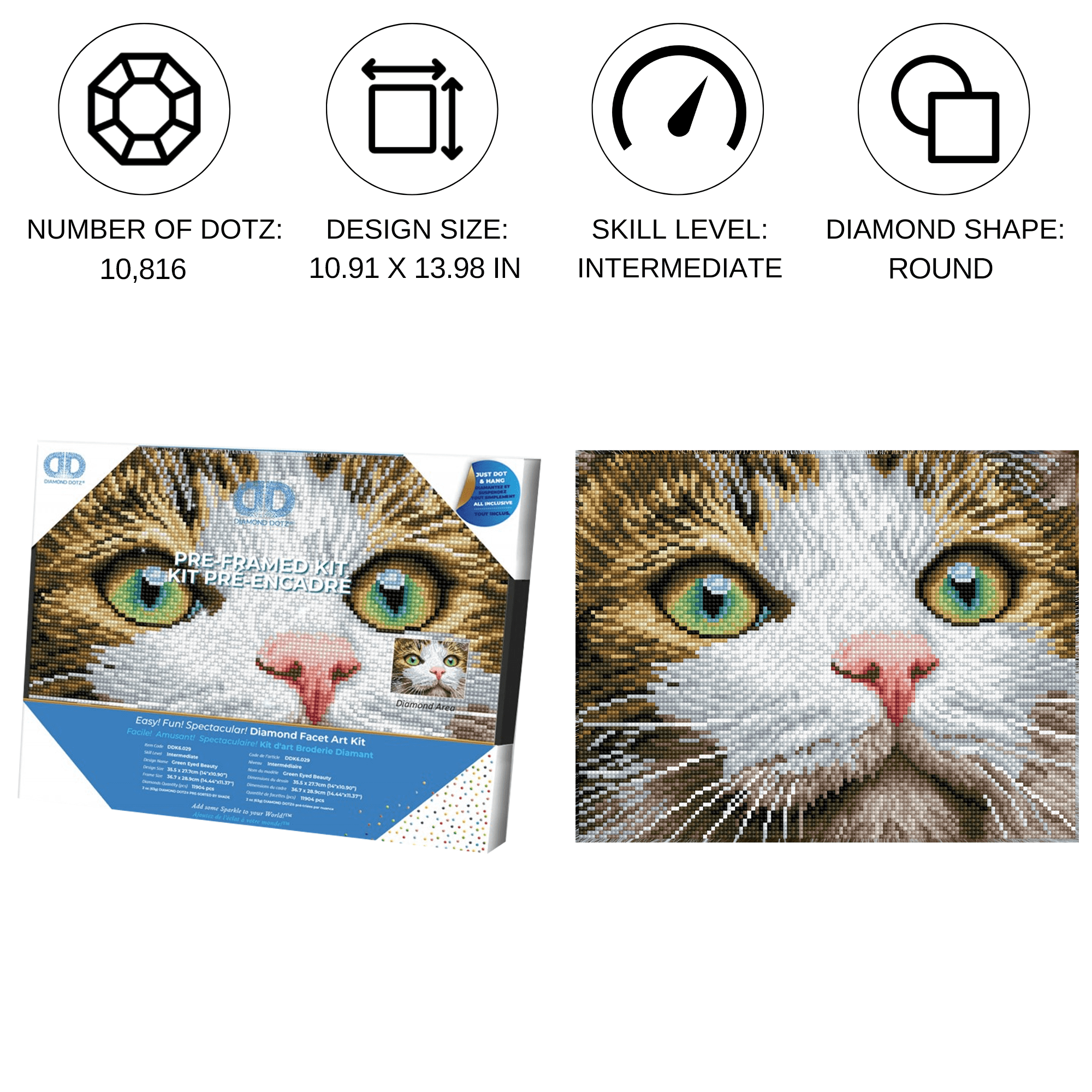 Diamond Dotz Green Eyed Beauty with Frame Cat  Diamond Painting Kits for Adults - Diamond Art Kits a Relaxing Creative Craft Kit with Dotz Gems 11"x14"