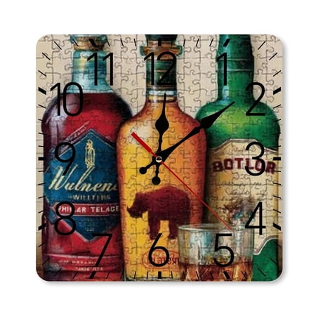 RKSupls 10×10inch Square Silent Wall Clock Wooden Frame, Whiskey Bottles Puzzle Glass Scale Decorative Clock for Home Bedroom Living Room Office