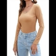 thumbnail image 3 of Camiseta de Cuello en U para Mujer, Camiseta de Larga de Color Liso, Suave, Elástica, Ropa Informal, Básica Caqui XL, 3 of 10