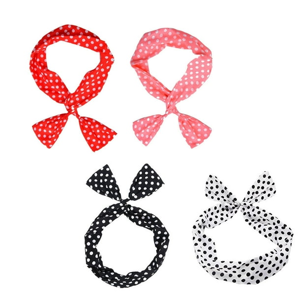 4 diademas con lazo para el pelo con diseño de lunares redondos, adorables diademas cruzadas para mujer, tocado rojo, rosa claro, negro y blanco.