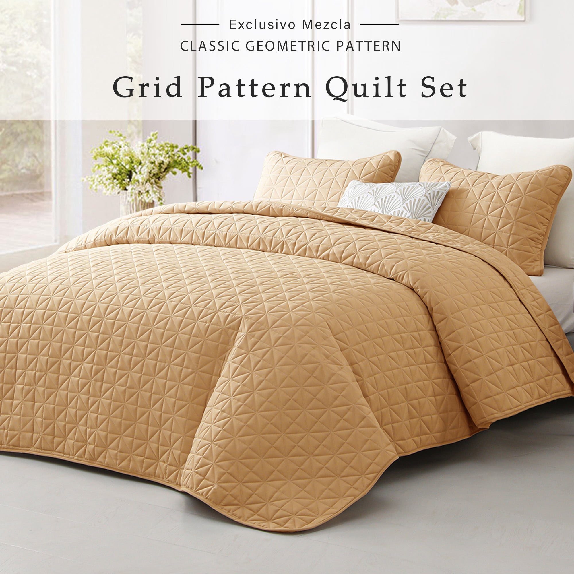 Exclusivo Mezcla Twin Quilt Bedding Set, Lightweight Soft Camel Twin Bedspreads Coverlets with Geometric Stitched Pattern