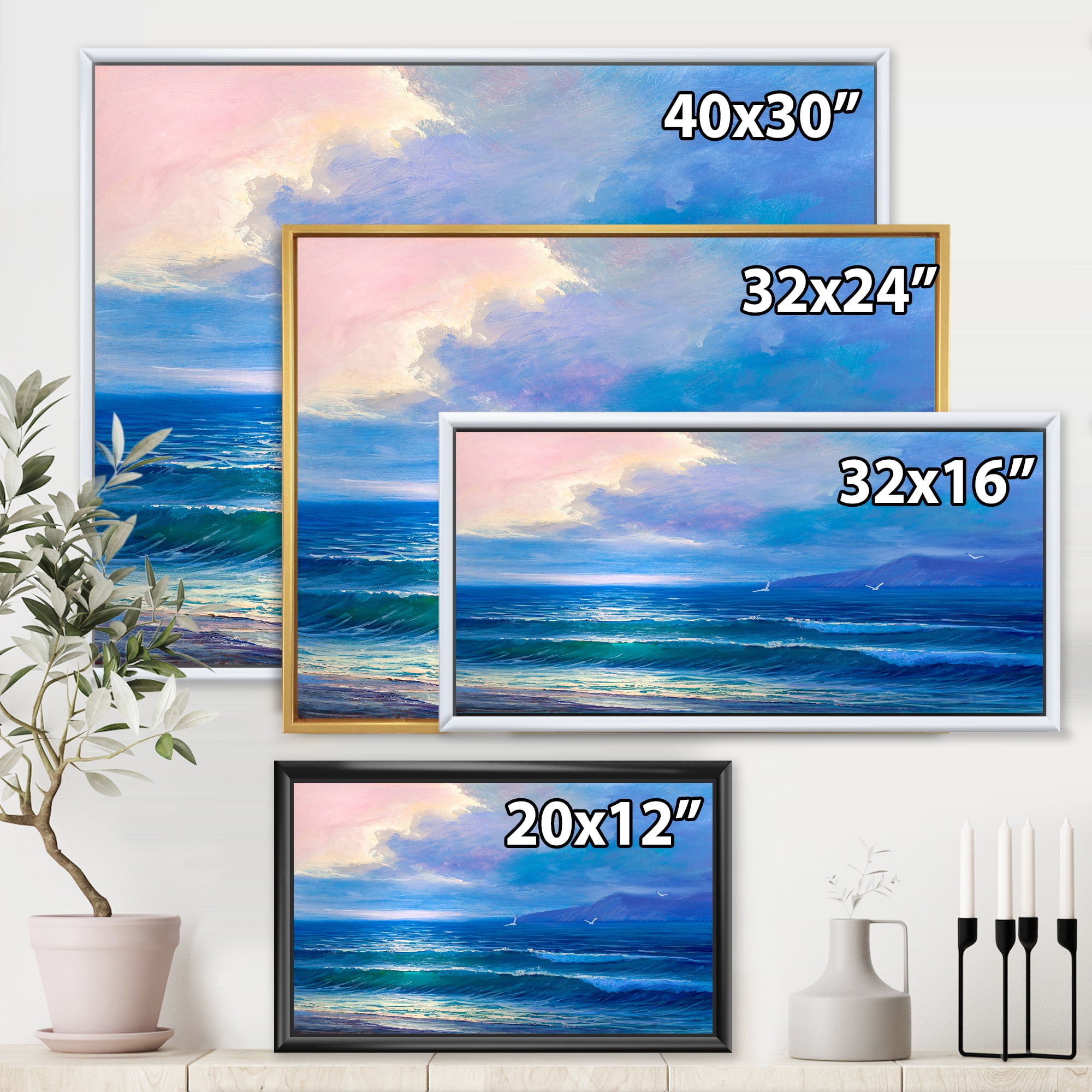 Sunrise Glow On The Sea Waves I 32 in x 16 in Framed Painting Canvas Art Print, by Designart