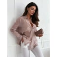 thumbnail image 2 of Women'S Sheer Mesh Button Down Shirt Top Long Sleeve Solid Color Hot Diamond Blouse Khaki L, 2 of 6