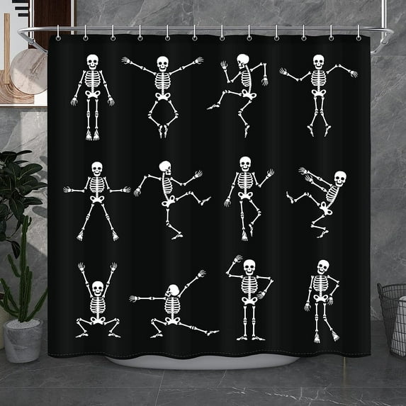 JOOCAR Halloween Skull Shower Curtain, Funny Dance Skeleton Day of Death Gothic Bathroom Decor, Waterproof Fabric Polyester Curtain Set, with 12 Hooks 72 x 72 Black White