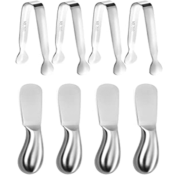 8 PCS Stainless Steel Cheese Butter Spreader Knives and Mini Serving Tongs for Cheese Cold Butter Jam Appetizers Pastry Accessories Kitchen Utensils