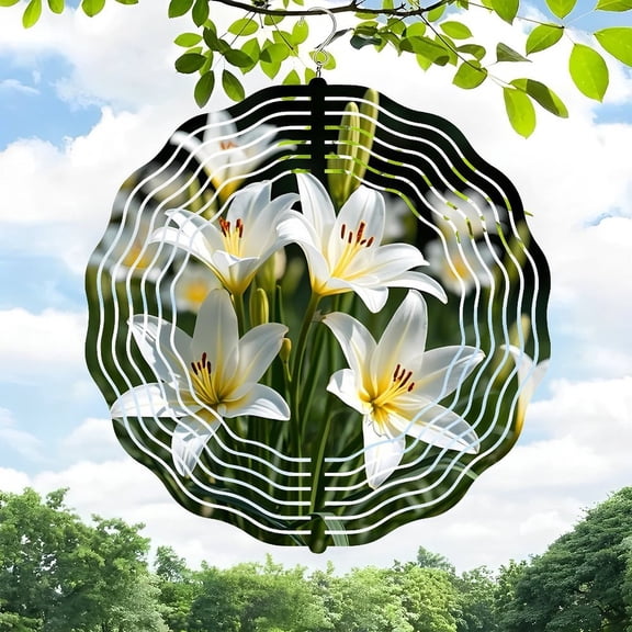 3D Metal Hanging Wind Spinners - Elegant White Lily Design with Concentric Lines for Yard & Garden Decor - Unique Wind Chimes for Outdoor Spaces