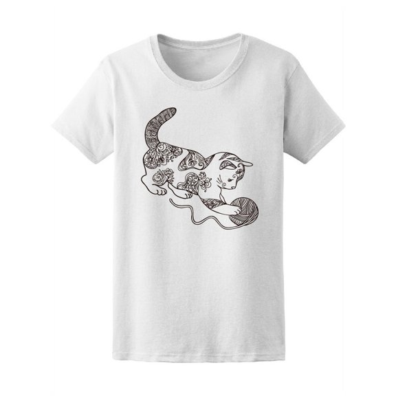 Zendoodle Style Cute Cat Playing Women T-Shirt - Image by Shutterstock, Female Small