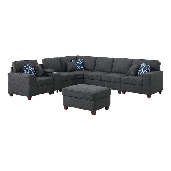 8-Piece Linen Fabric Upholstered Sectional With Console & Ottoman-Dark Gray