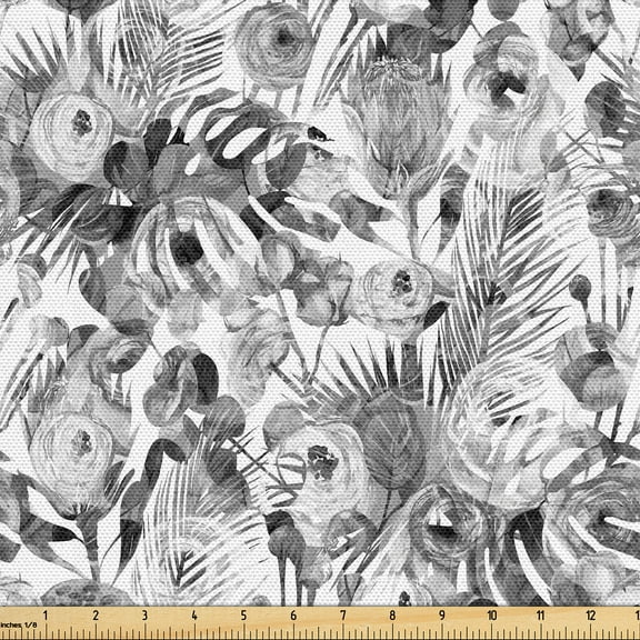Ambesonne Floral Fabric by the Yard Upholstery, Achromatic Tones Flowers Art, 5 Yards, Grey and White
