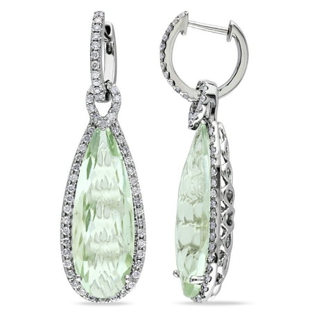 17 Carat T.G.W. Green Amethyst and 1 Carat T.W. Diamond 14kt White Gold Halo Teardrop Earrings