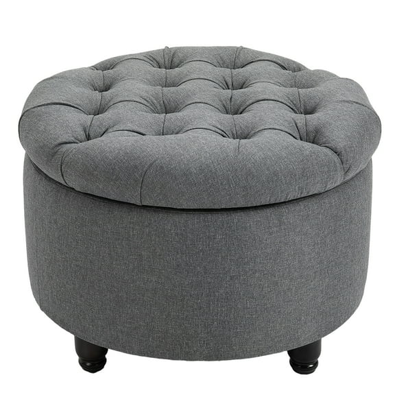 HOMCOM Round Linen-touch Fabric Storage Footstool Ottoman Button Tufted Footrest with Removable Lid, Grey
