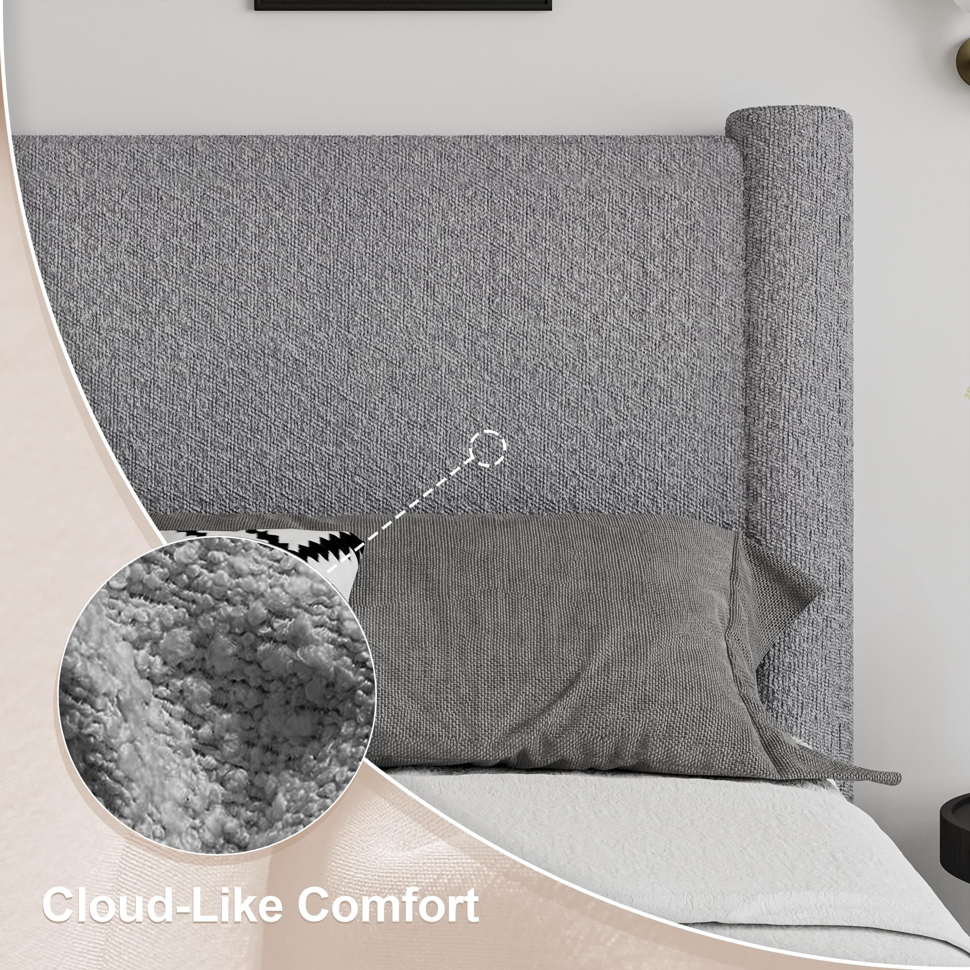 4 EVER WINNER Full Bed Frame, Full Size Bed Frame, Upholstered Full Bed with Rounded Legs, Boucle Bed Frame with Headborad, Grey