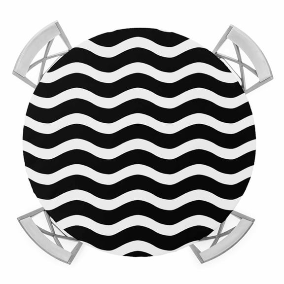Round Fitted Tablecloth with Elastic Edge, Black Moire Ombre Waterproof Table Cloth Table Cover for 45"-54" Tables, Water Ripple Stripe Farmhouse Tablecloths for Dining Picnic Party Outdoor
