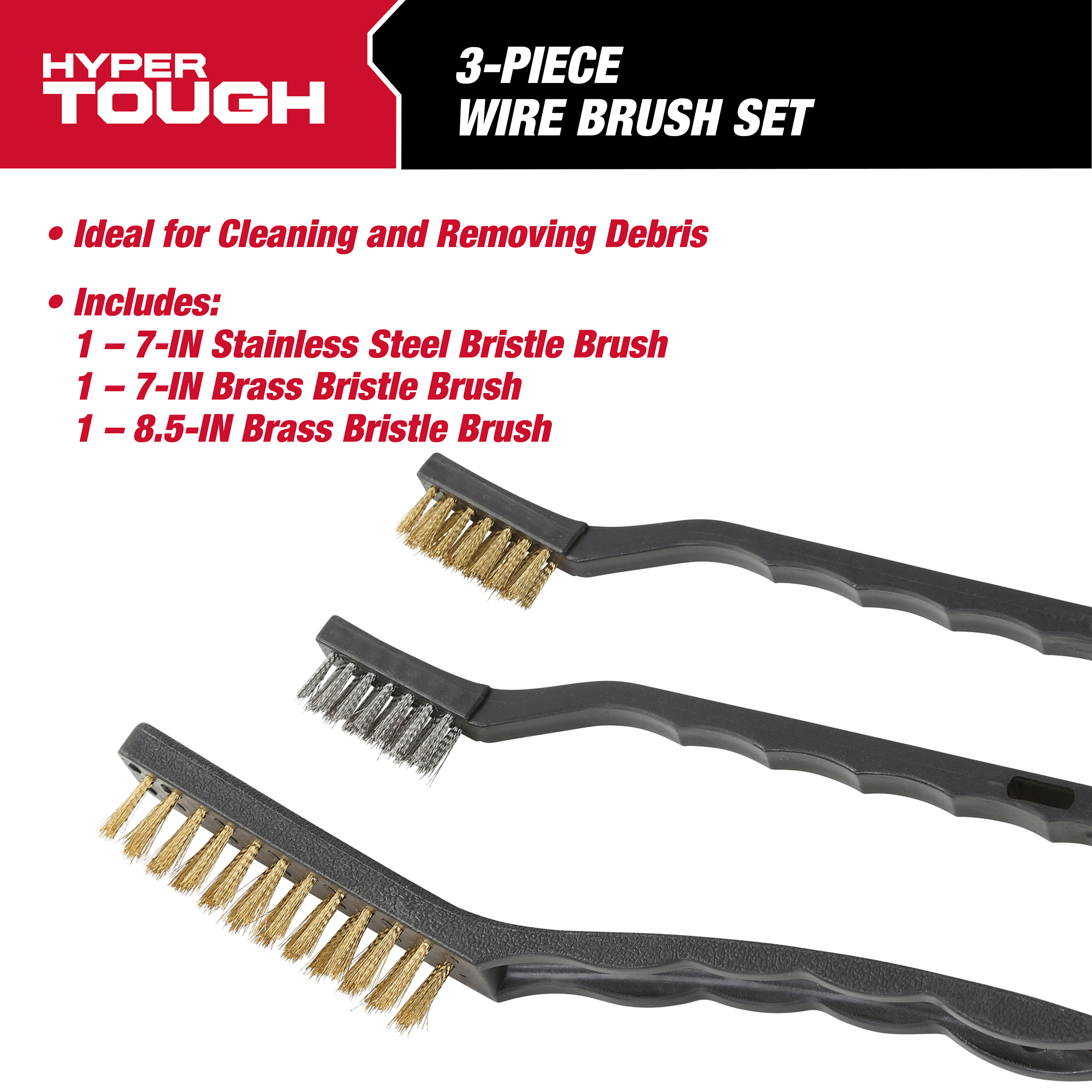 Hyper Tough 3-Piece Wire Brush Set for Utility Cleaning, Brass and Stainless Steel Brushes - image 3 of 8