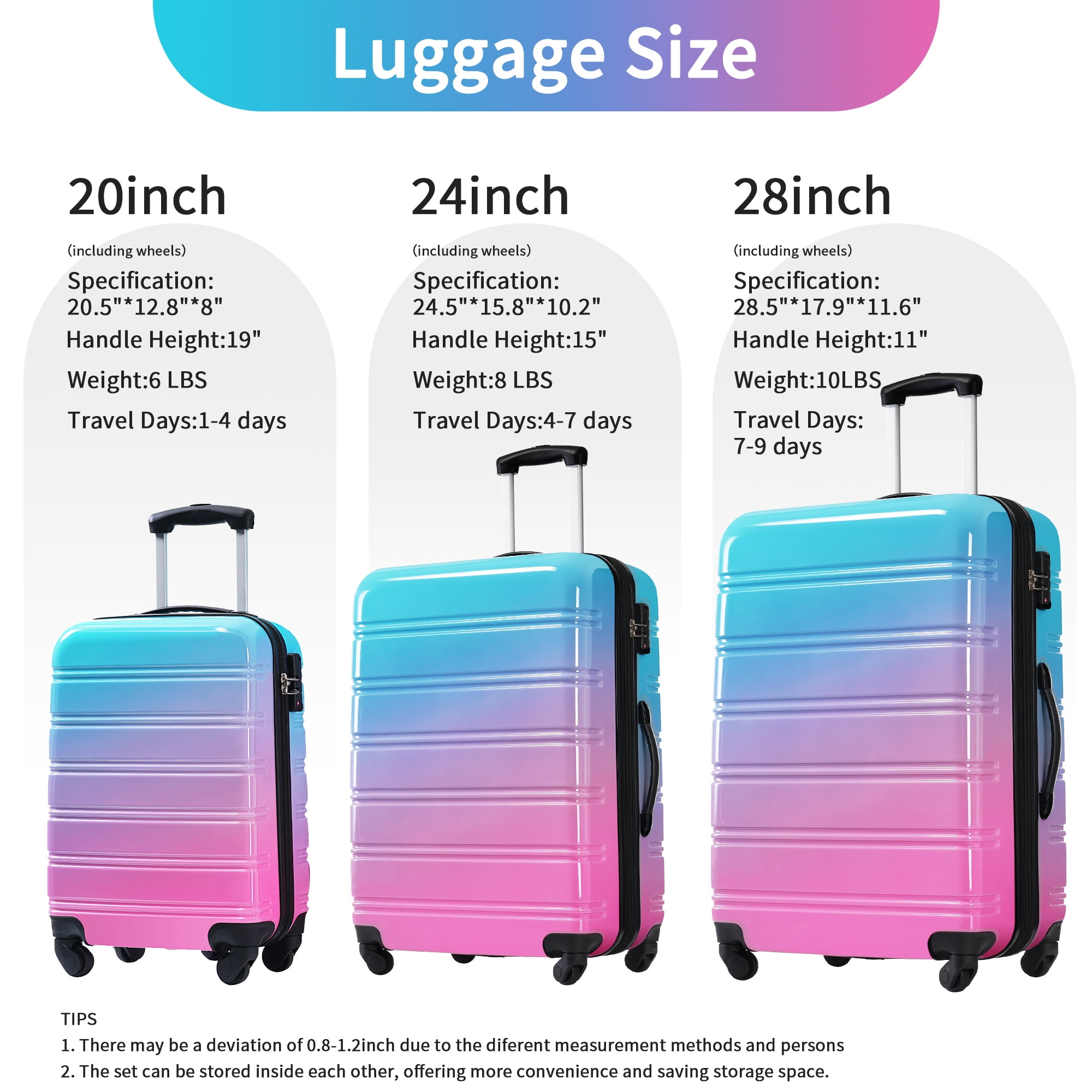 Euroco Hardshell 3 Piece Luggage Sets, Gradient Color Expandable Suitcase Set with TSA Lock and Spinner Wheels,Lightweight Durable Travel Luggage Set for Family Trip(20"/24"/28"),Blue+Red