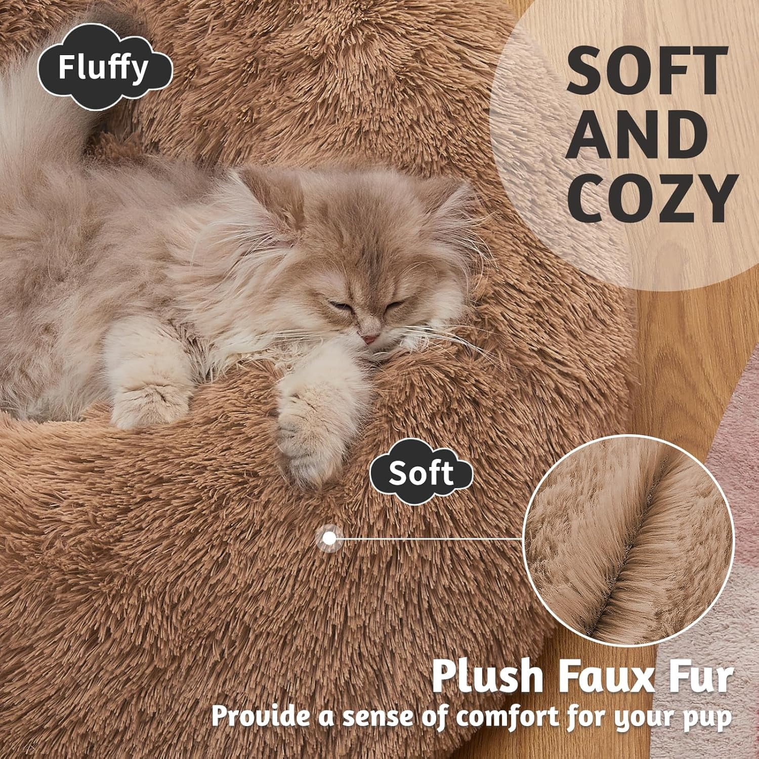 Calming Donut Cat Bed Pillow for Small Pets, Machine Washable Removable Cover, Comfort Plush Fluffy Faux Fur with Anti-Slip Bottom, Dogs-Friendly Round Cuddly Design, Ocher, 20 inches