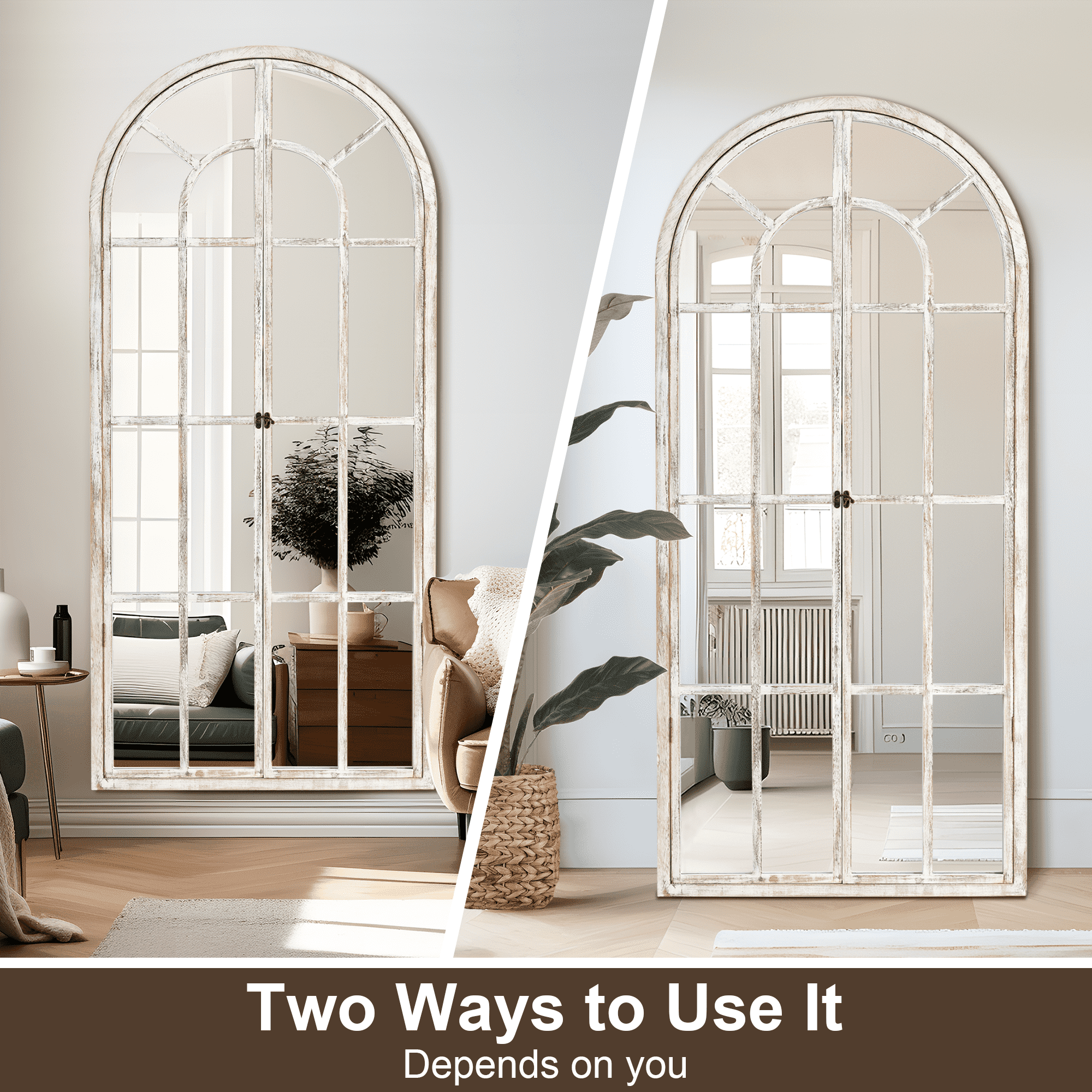 MAYEERTY 71"x32" White Arched Wall Mirror Full Lengthr with Hanging Mirror