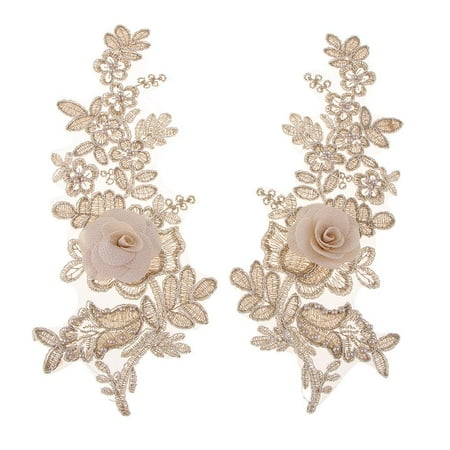 GUOOL 1 Pair Gold Embroidery Lace Collar Fabric Trim DIY Embroidered Lace Fabric Neckline Applique 3D Flower Sewing Craft Sew On Patches Handmade Supplies
