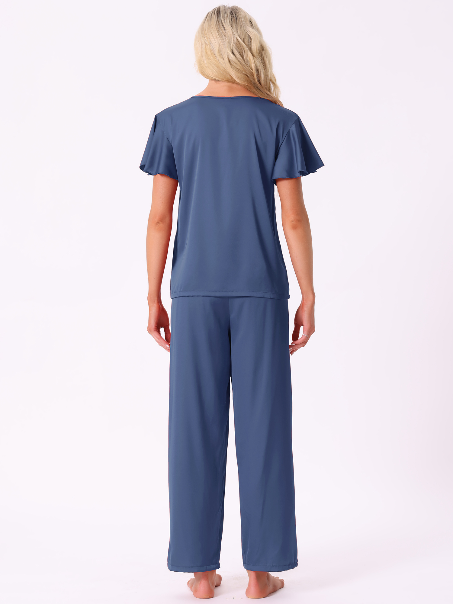 DARING DIVA Silky Satin 2 Pieces Ruffle Top and Long Pants Sleepwear Sets S Blue